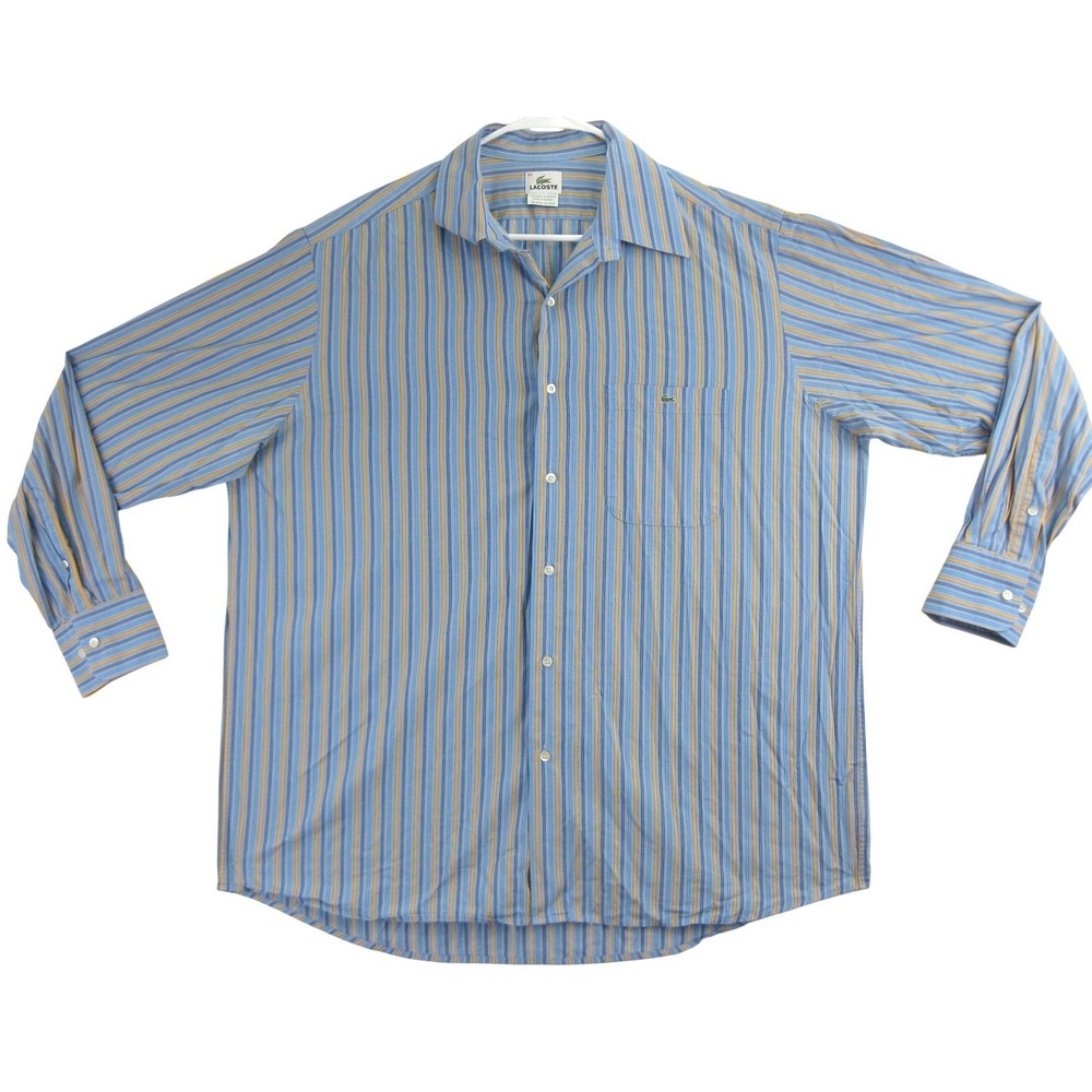 Lacoste Striped Button Down Shirt Mens XL 45 Blue Yellow Preppy Coastal